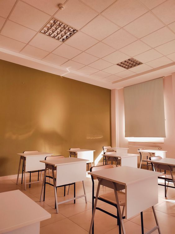 Stock photograph: empty classroom, not this fictional school